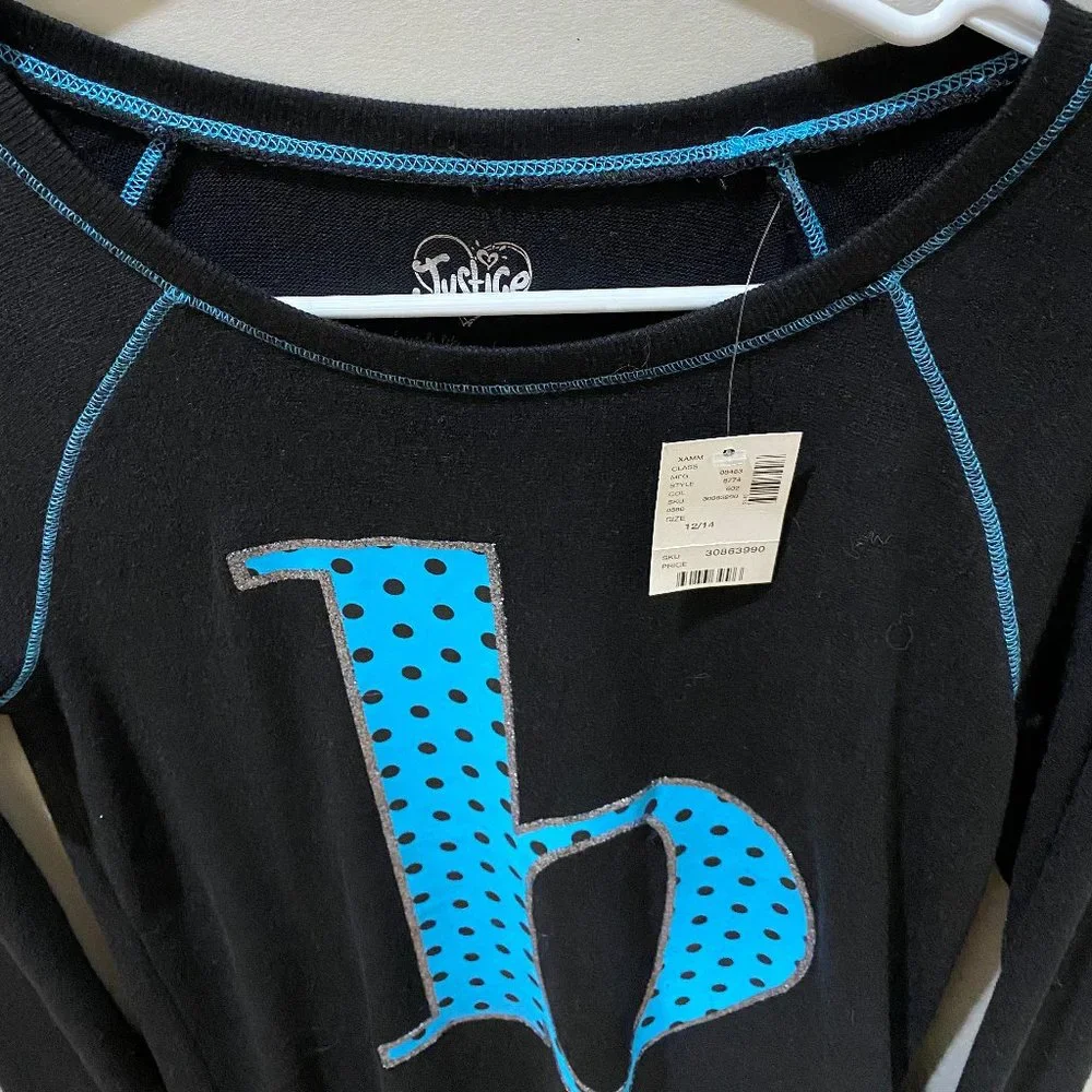 NWT Justice black long sleeve top with blue polkadot letter 